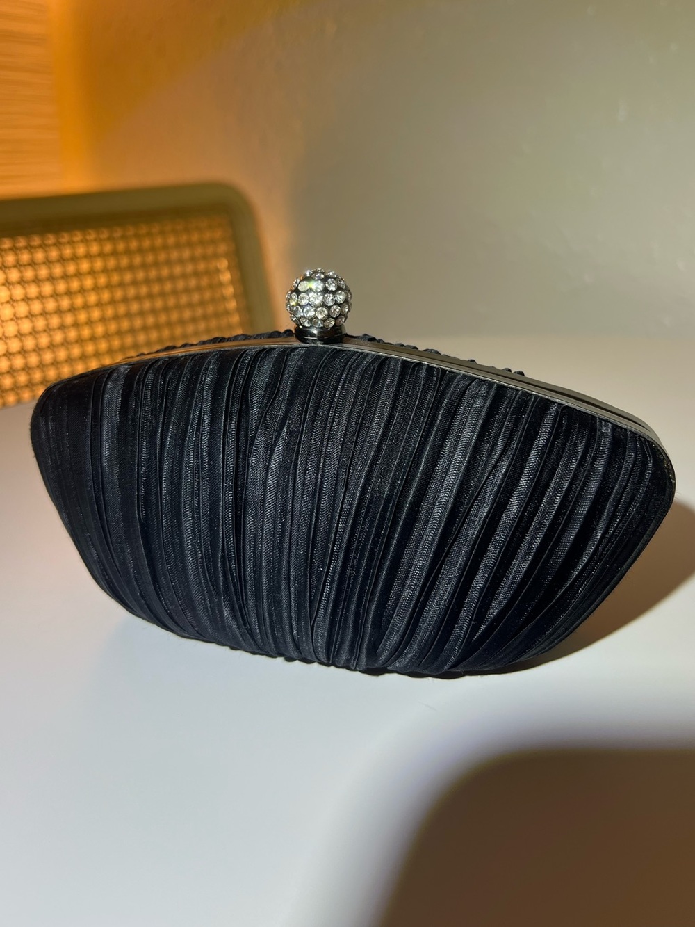 White House Black Market Black Pleated Evening Clutch with Crystal Kiss-Lock